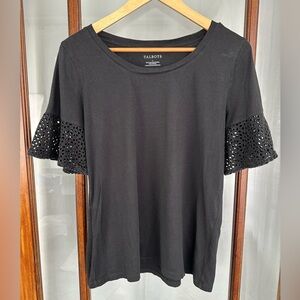 Talbots Black Eyelet Ruffle Cotton Modal Blouse Round Neck Short Sleeve L Pretty